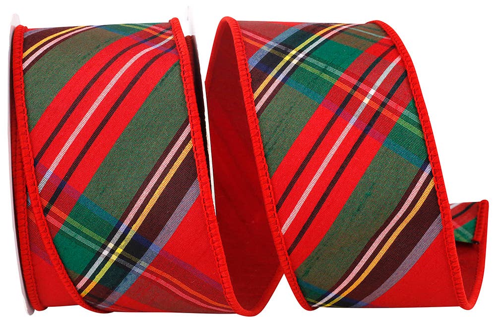 RELIANT RIBBON - Wholesale Ribbon - Gift Wrapping - Plaid Dupioni Clas. Diagonal Luxe Red Backed Wired Edge 40D0