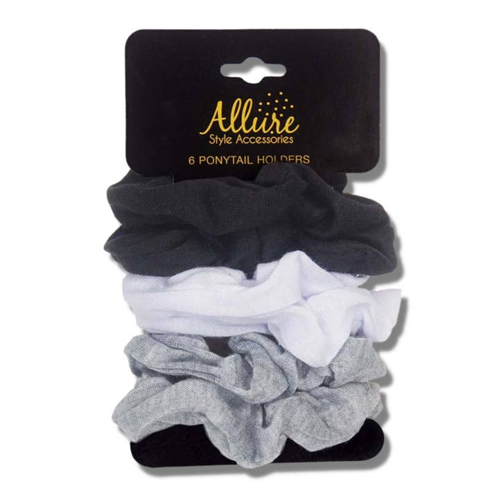 Allure Cotton Scrunchies, 6-Pack, Black, White & Grey for wholesale by Allure Style Accessories