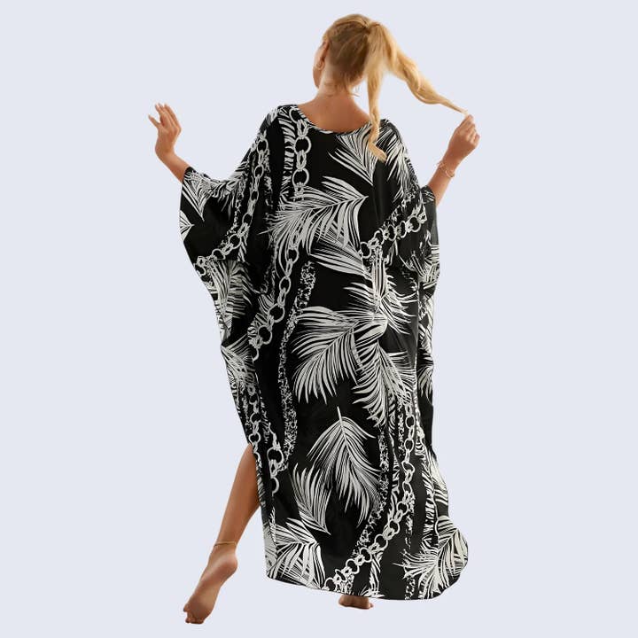 Miss Lavish London - Wholesale Kaftan - Women's - Kaftan Summer Dresses, Braided V-Neck - Black Palm, S-3XL6