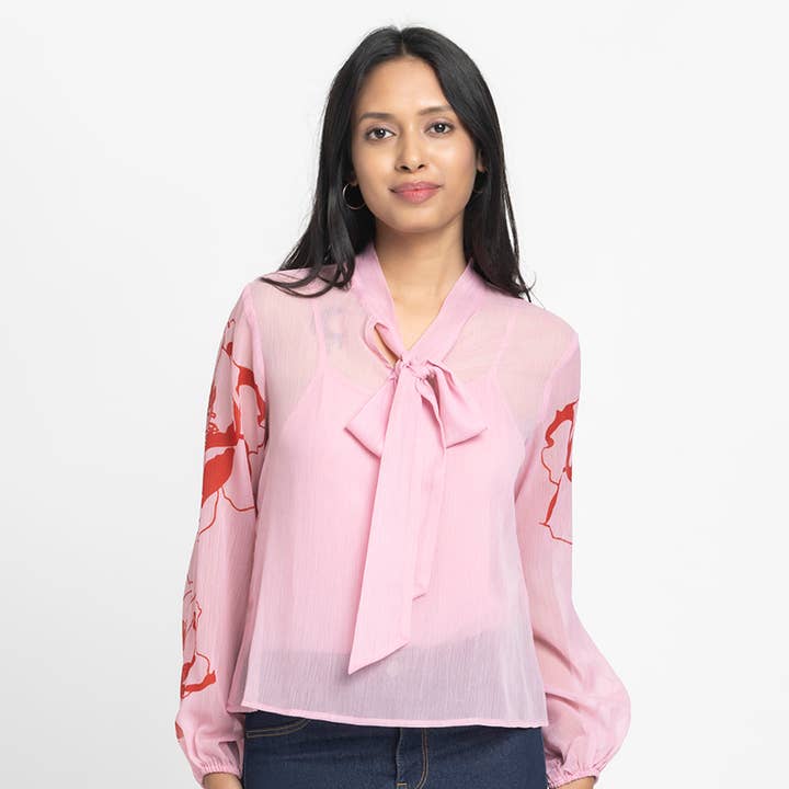 Pink tie up neck full elasticated sleeves blouse with cami for wholesale by Benares