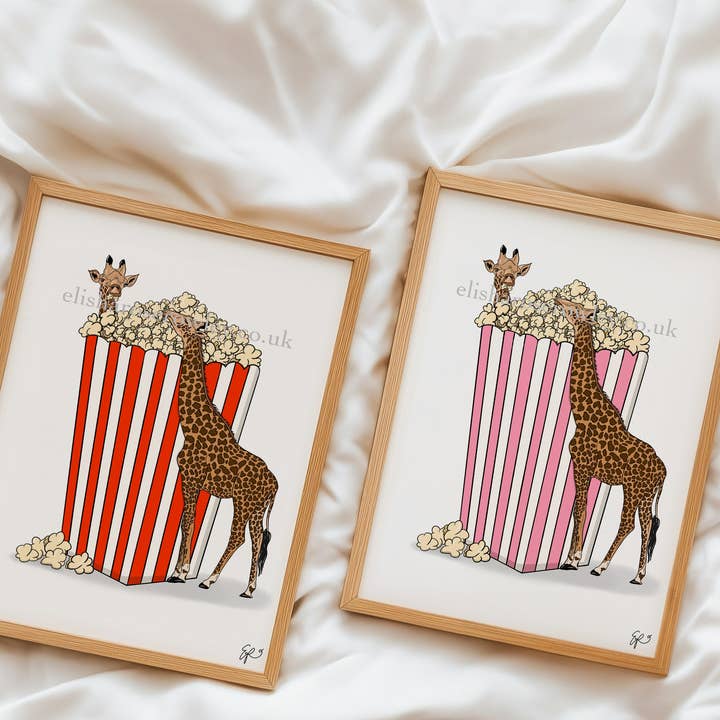 Sweet and Salty - Giraffes Eating Popcorn Unique Animal Art for wholesale by Elisha-Rose Rowley Art and Designs