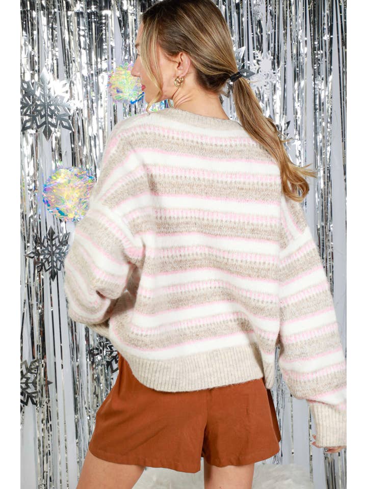 Vine & Love - Wholesale Knit Sweater - Women's - Crew Neck Stripe Pattern Detail Knitted Sweater Top VT8203213