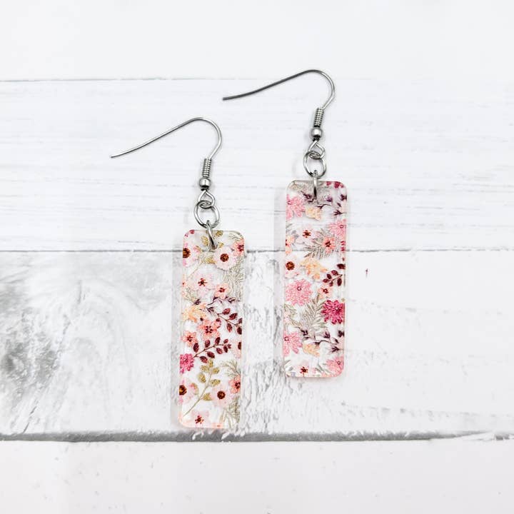 The Purple Chickadee - Wholesale Dangle Earrings - Dusty Pink Floral Acrylic Bar Dangle Earrings