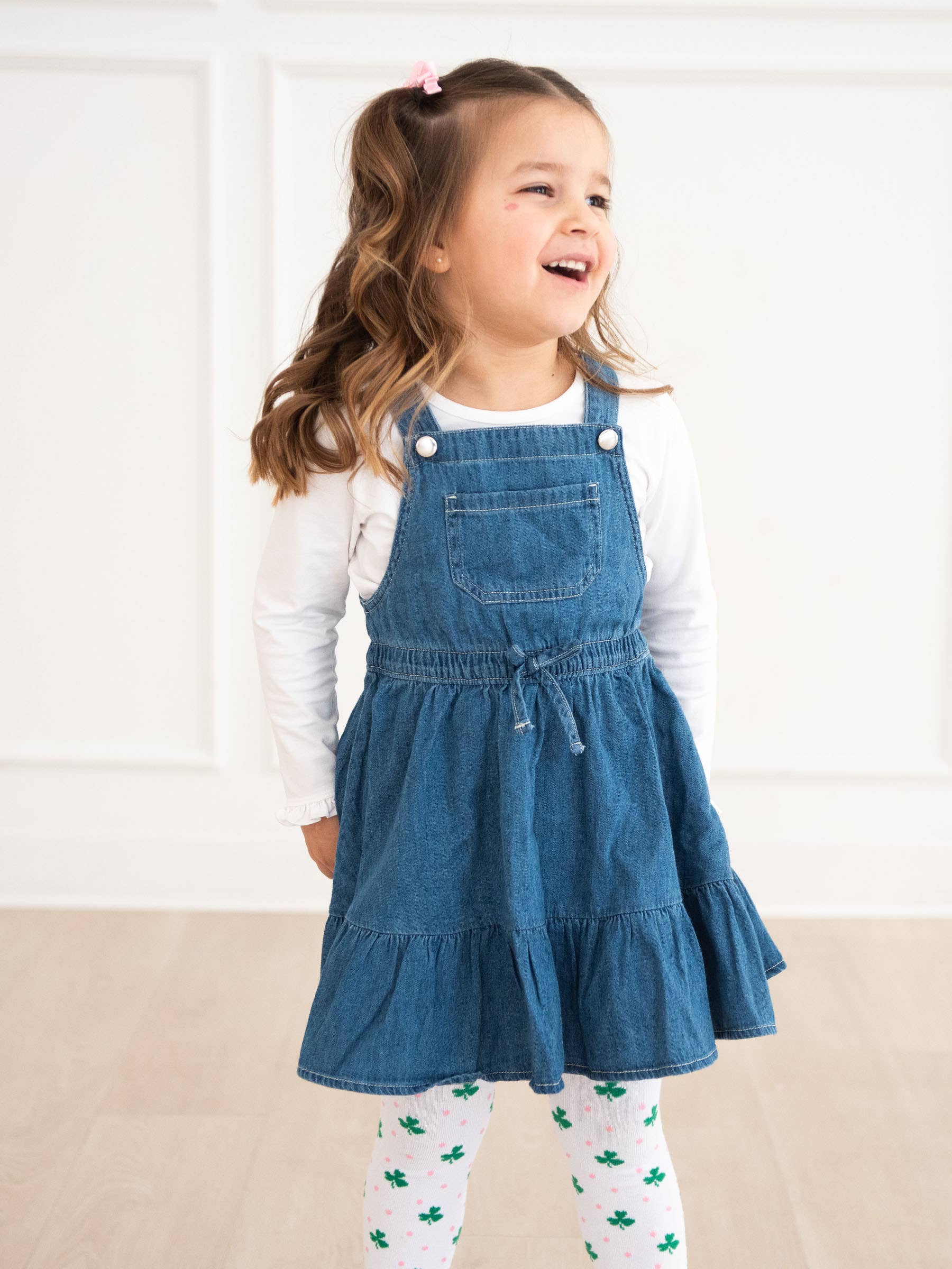 Blue Girls Light Wash Denim Overall Jumper Dress for wholesale on Faire9