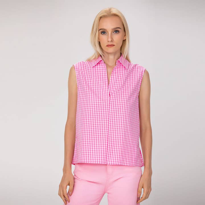 Top sin mangas de algodón con cuadros vichy para venta al por mayor de Smart and Joy