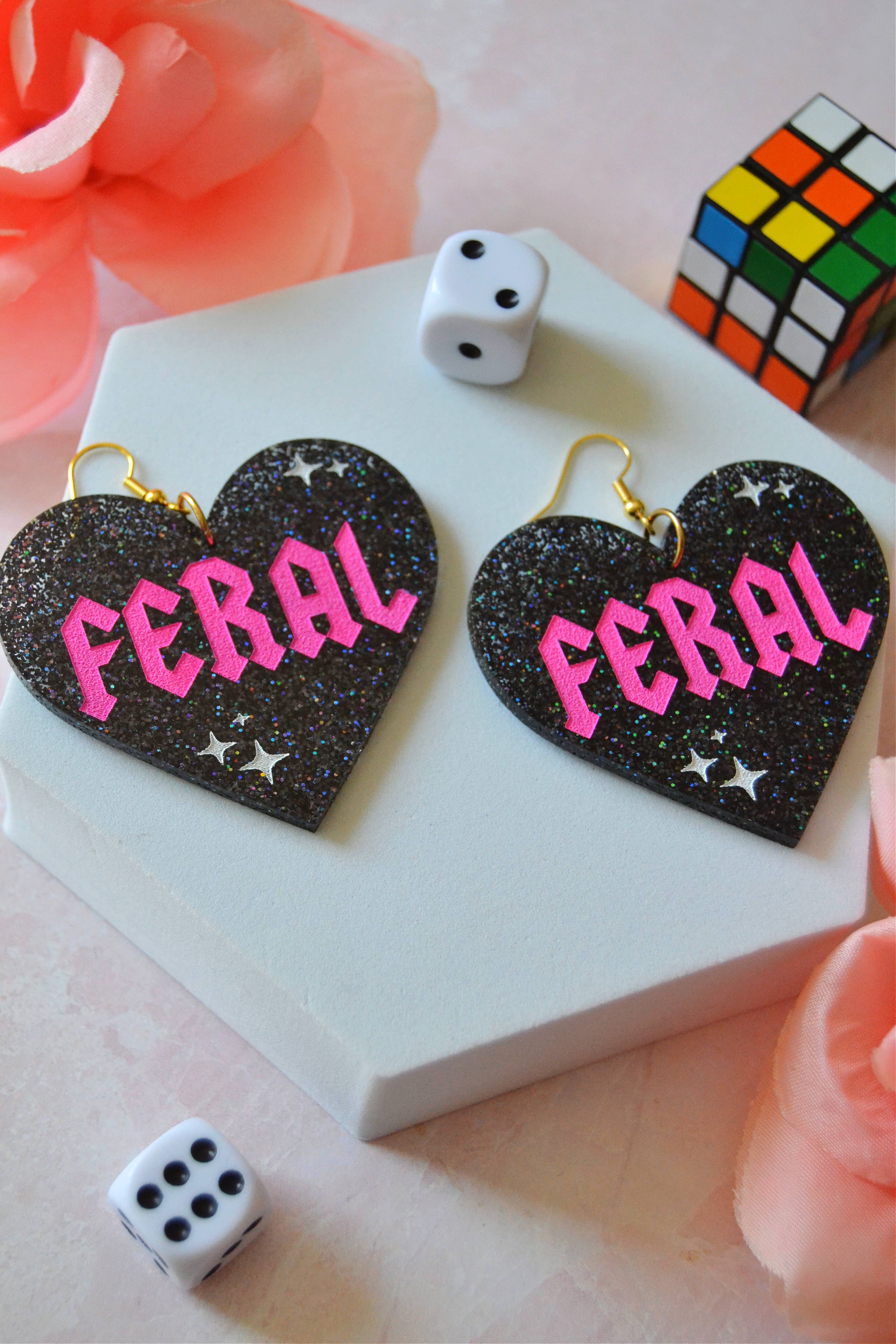 Rebel Disco Designs - Wholesale Dangle Earrings - Acrylic FERAL Girl Glittery Heart Statement Earrings1