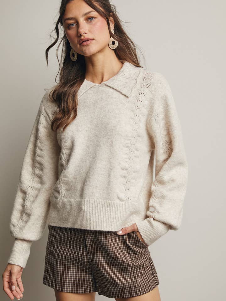 Collared Pointelle Knit Sweater FSW0029 for wholesale by Forte