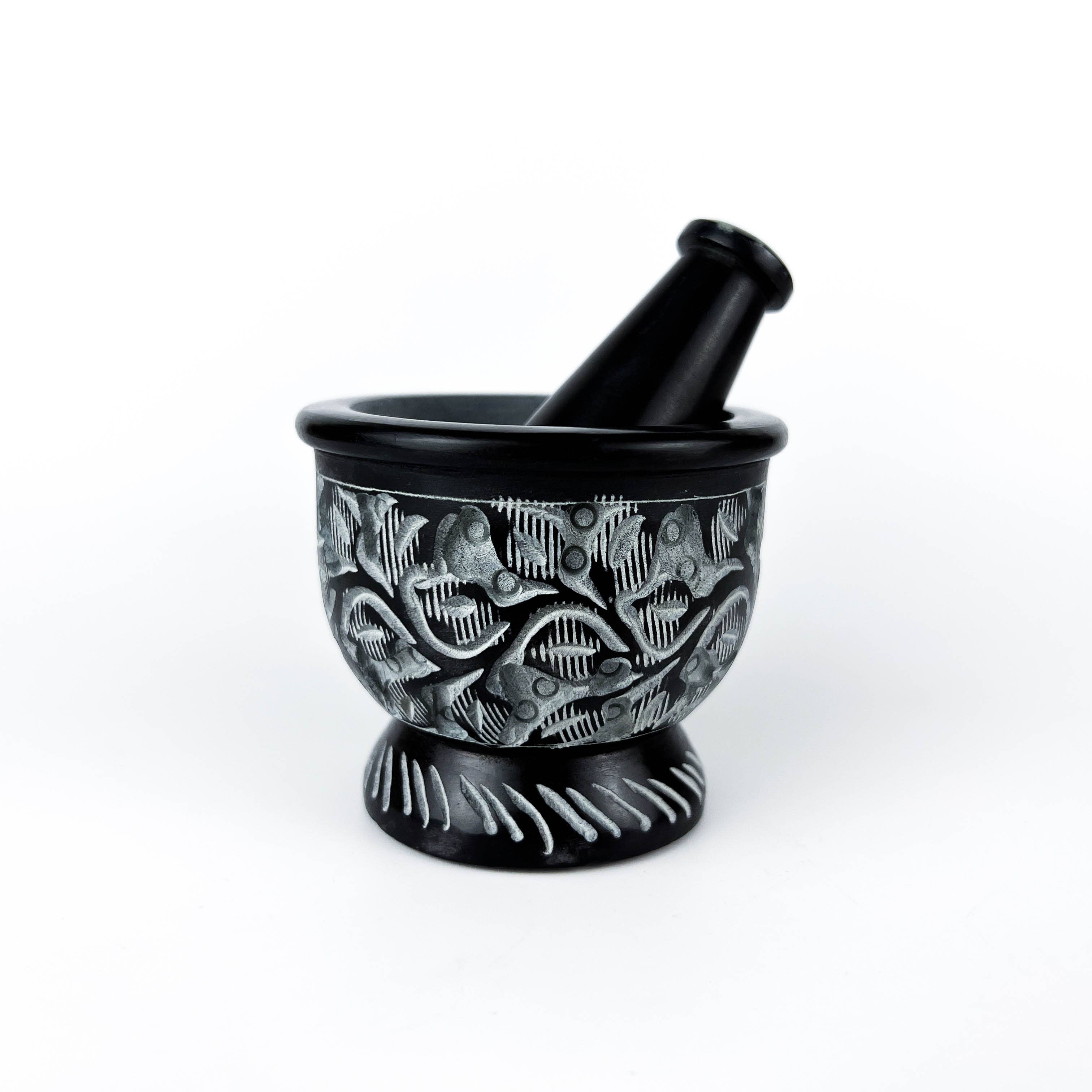 GREENROOTS USA LLC - Wholesale Mortar & Pestle - Black Carved Soapstone Mortar & Pestle 2.5"H, 3"D5
