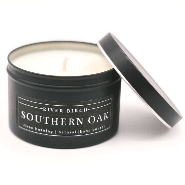 Candela di soia in latta nera, 325 ml, Southern Oak per la vendita all'ingrosso da parte di River Birch Candles