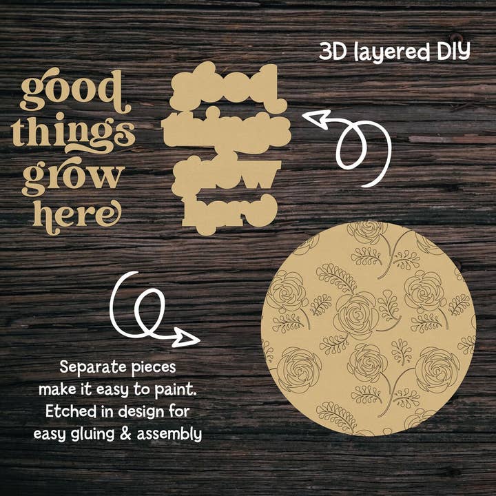 Paint and Sip: DIY Wood Art Kit Good Things Grow Here Cutout for wholesale by Honey And Sugar Designs