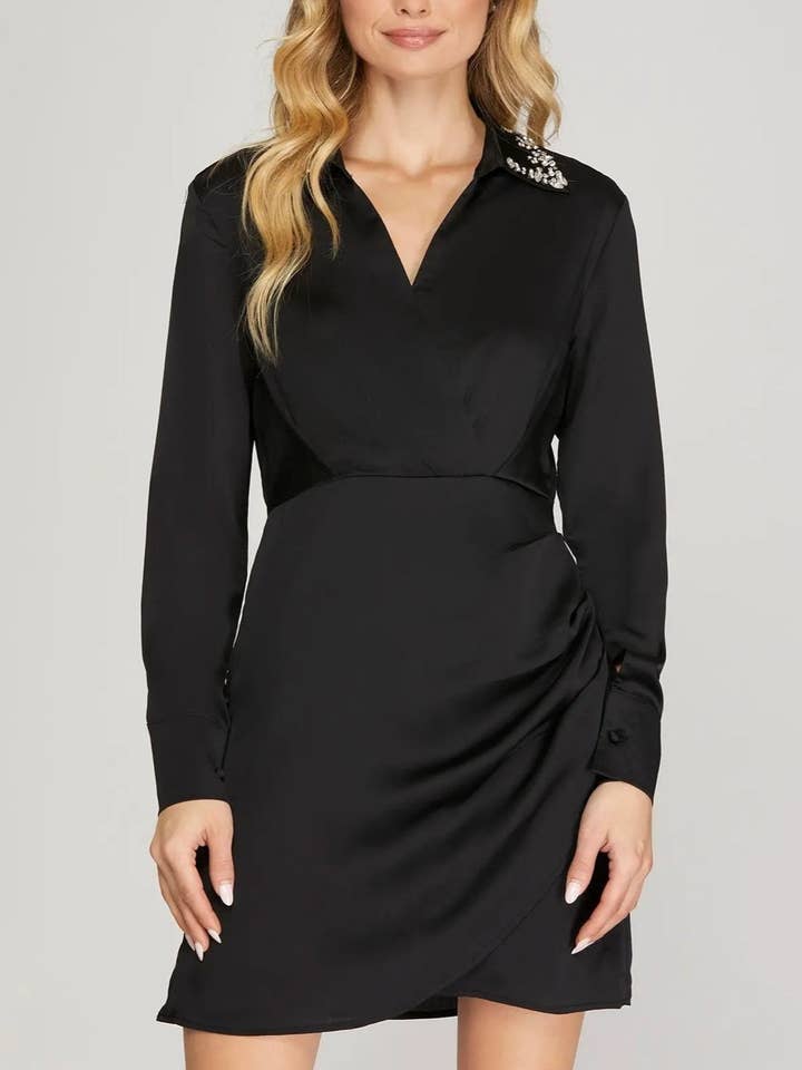 LONG SLEEVE SATIN RHINESTONE COLLAR WRAP DRESS for wholesale by ROUSSEAU