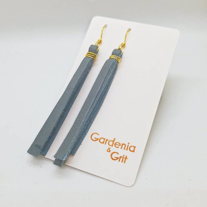Earrings - Dangle - Black - Gray - Brown - Maroon - Stainless Steel - Solid Brass - Reclaimed Leather Tassel for wholesale by Gardenia & Grit
