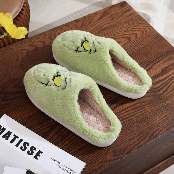Green Christmas Grinch Plush Home Fuzzy Slippers for wholesale on Faire