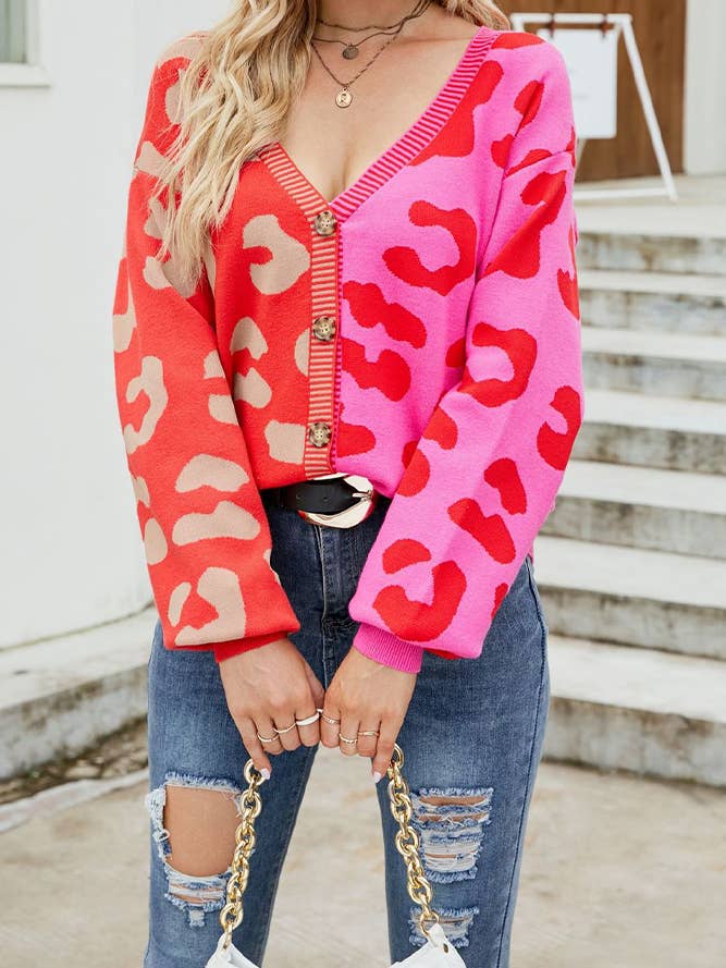 V Neck Button Leopard Colorblock Cardigan MD007 for wholesale by UNISHE