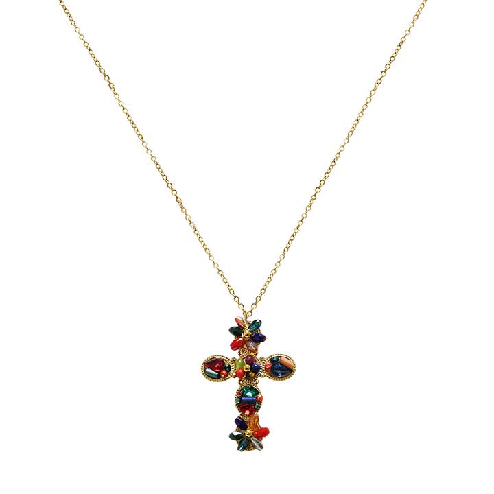 AMORINO SRL - Wholesale Pendant/Charm Necklace - CROSS NECKLACE WITH FLOWER-SHAPED CRYSTALS - OY2496A4221