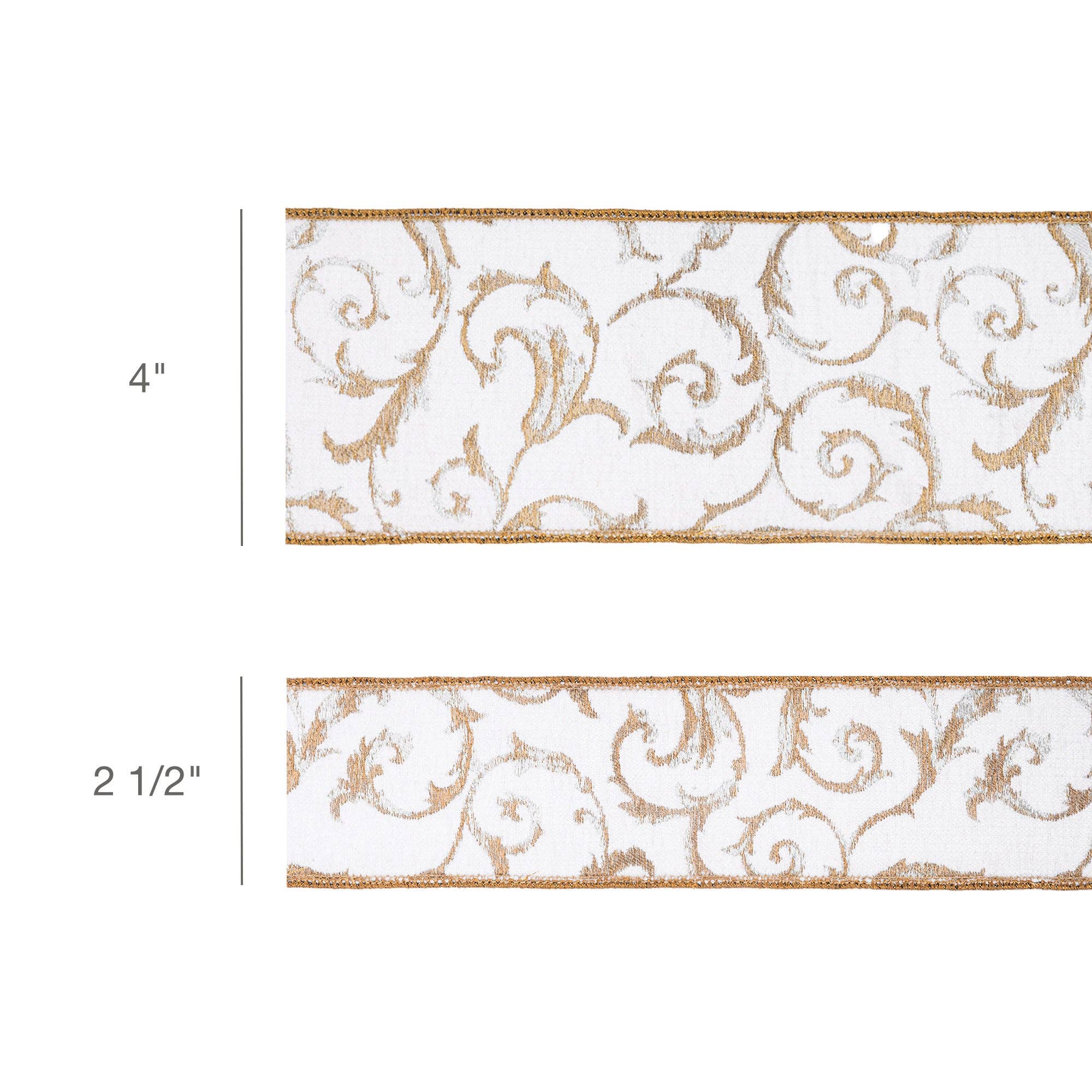 LA Ribbons Wholesale - Wholesale Ribbon - Gift Wrapping - 4" Wired Jacquard Ribbon | Metallic Scroll on Ivory w/ Gold Metallic Dupioni-fused Backing | 10 Yard Roll2