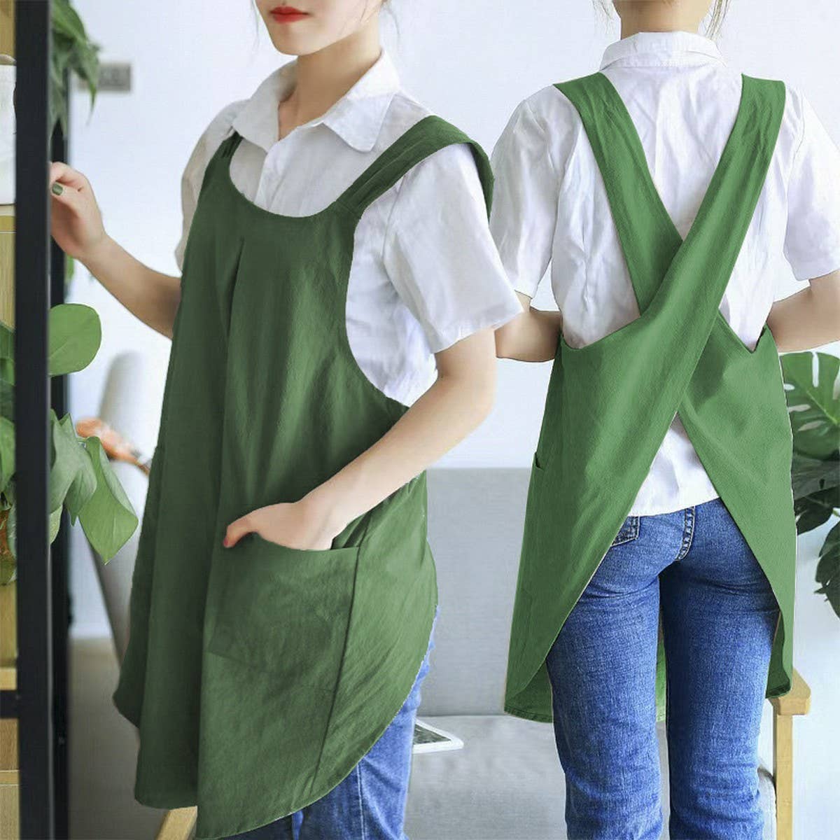 NINEXIS - Wholesale Apron - CWAB3993_COTTON AND LINEN SOLID COLOR TIE-FREE WORK APRON2