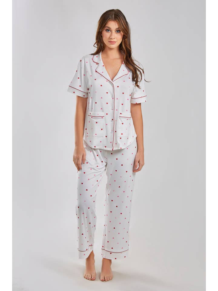 White Red Anjela Hearts Knit Sleep Shirt Button Down for wholesale on Faire4