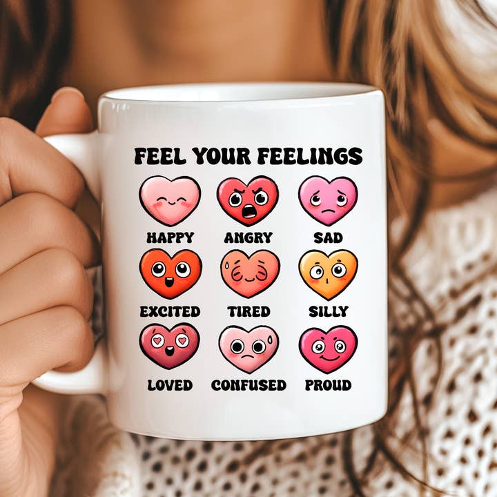Føl Dine Følelser Glad Vred Ked Af Det Begejstret Mental Sundhed Krus for engroshandel hos Hello Gorgeous Mugs