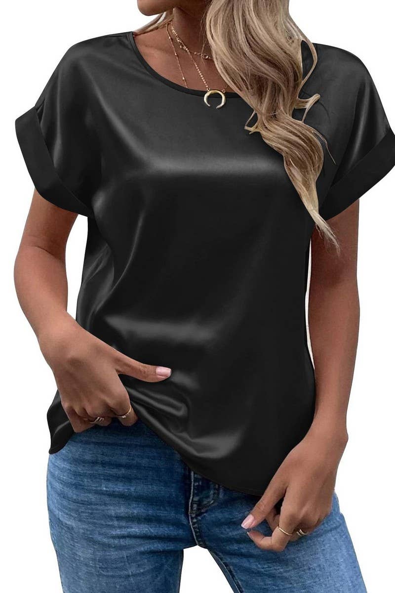 NINEXIS - Wholesale Blouse - Women's - CWTBLS1775_SATIN ROUND NECK LOOSE SHORT-SLEEVED TOP0