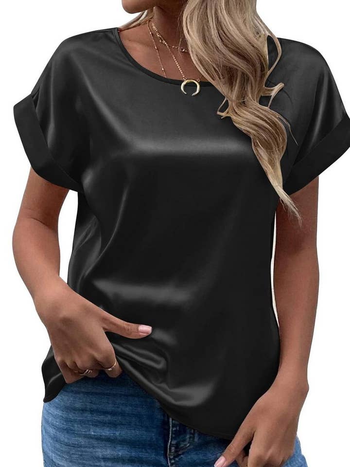 NINEXIS - Wholesale Blouse - Women's - CWTBLS1775_SATIN ROUND NECK LOOSE SHORT-SLEEVED TOP0