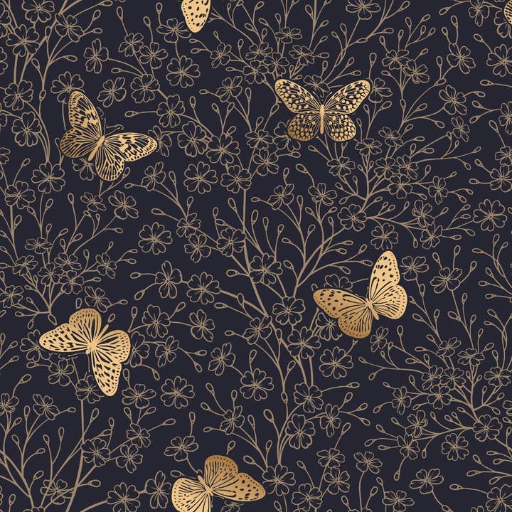 Papel de Parede de Borboletas e Flores Douradas, Mural de Fundo Preto, Arte de Parede Personalizada de Tamanho Grande, Não Tecido, Não Adesivo, Papel de Parede Moderno, Removível por atacado de Walloro Luxury Embossed Wallpaper