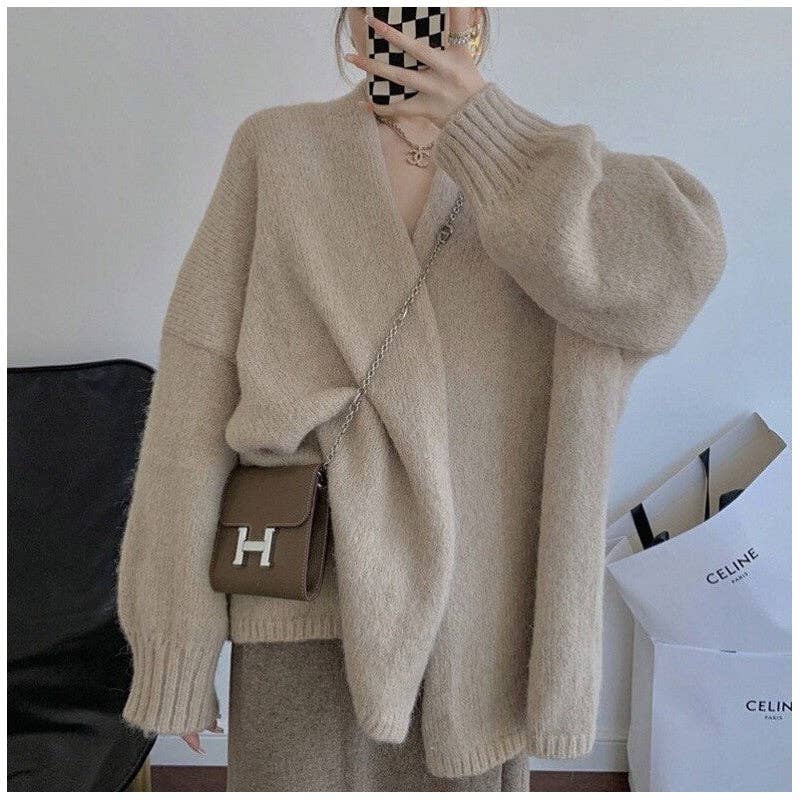 FurDecoration - Wholesale Cardigan - Women's - Solid Color Loose Knit Cardigan Sweater1