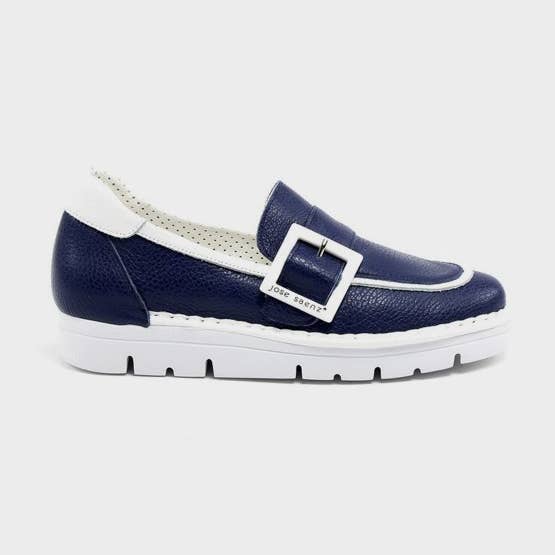 Mocassin Eva in tweekleurig marineblauw leer voor wholesale door Jose Saenz