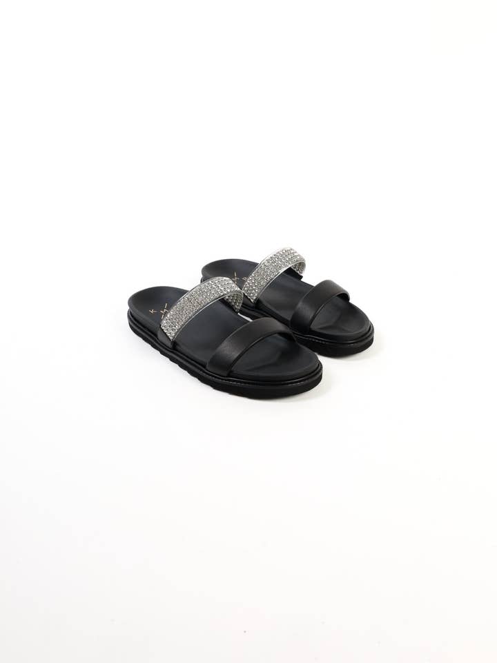 KMB Shoes - Wholesale Sandals - Women's - JULS BLACK – 2 Strap Footbed Sandals with Strass Decoration