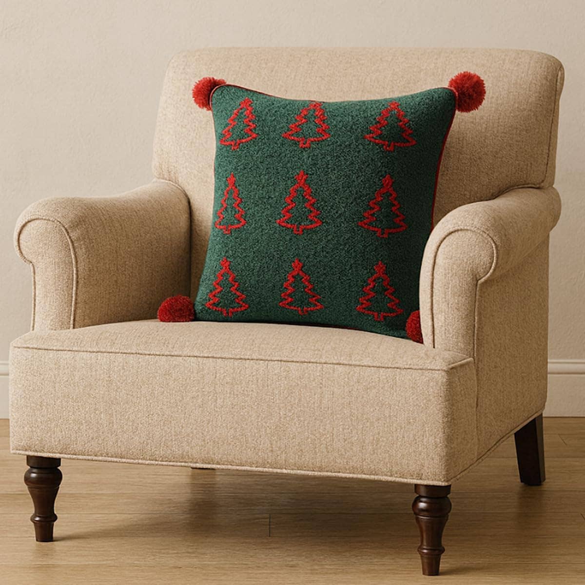 Fennco Styles – wholesale Dekorativ kudde – Grön och Ren Broderad Träd Pom Pom 18" Prydnadskudde2