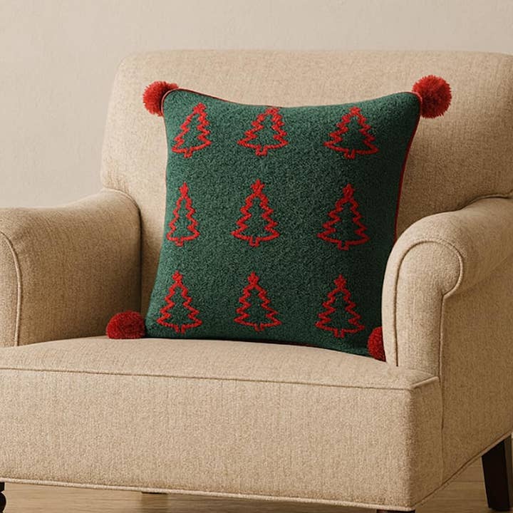 Green and Ren Embroidered Tree Pom Pom 18" Throw Pillow for wholesale by Fennco Styles