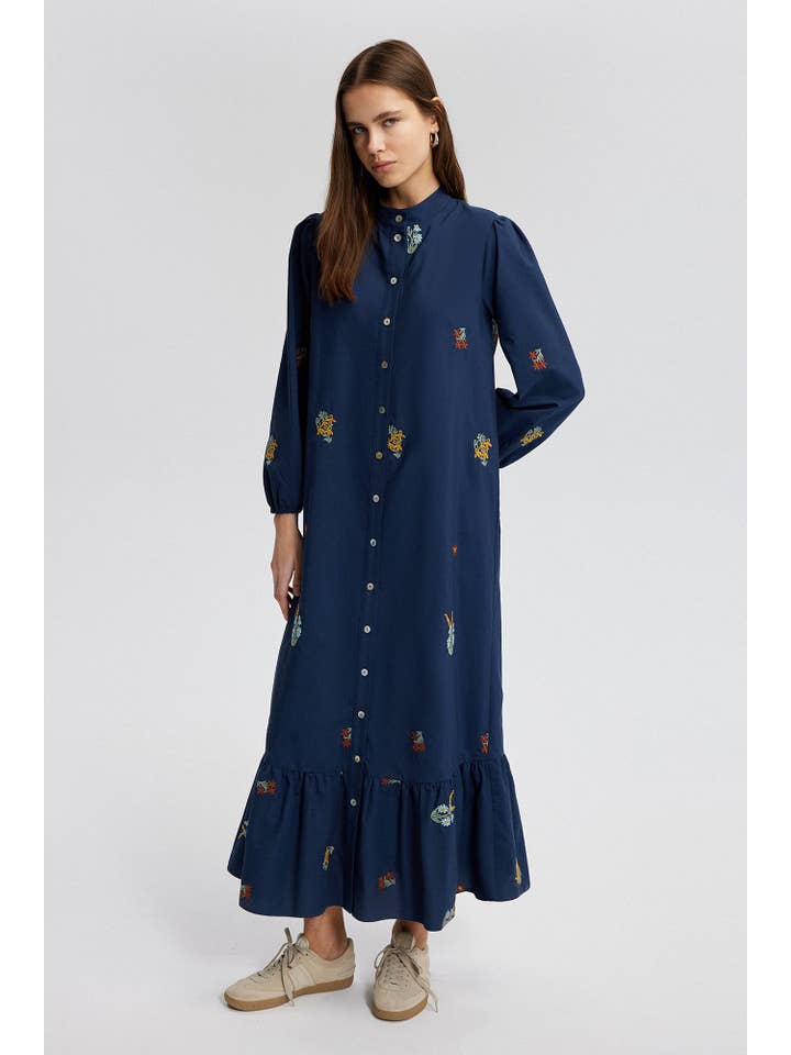 Navy Blue Embroidered Maxi Shirt Dress - Cotton Blend for wholesale on Faire1