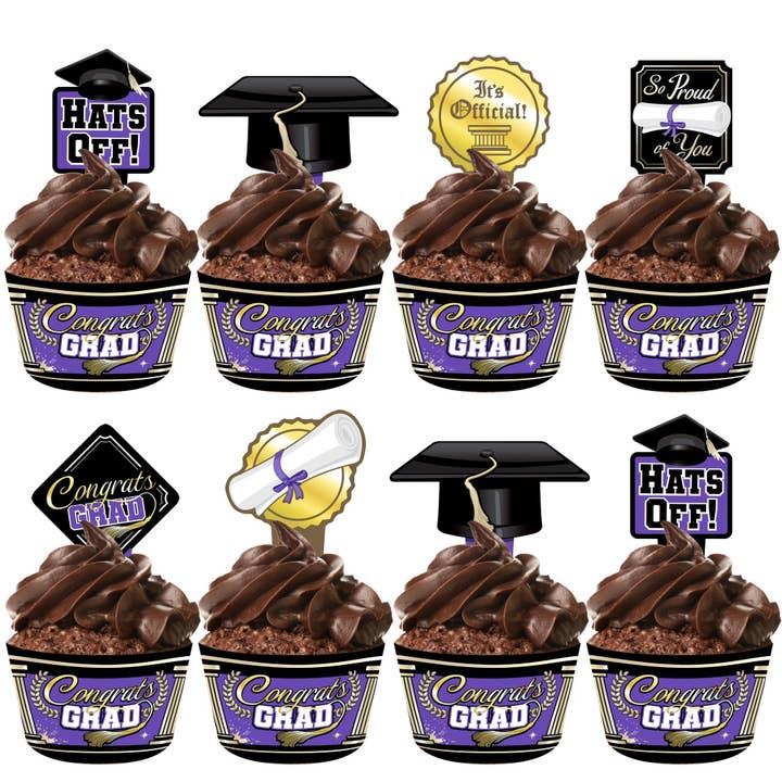 Purple Graduation Party Supplies Cupcake Toppers & Wrappers for wholesale by Treasures Gifted