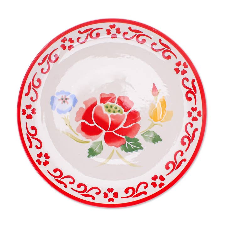 Novica Handmade Poppy Garden In Red Ceramic Dinner Plate for wholesale by NOVICA