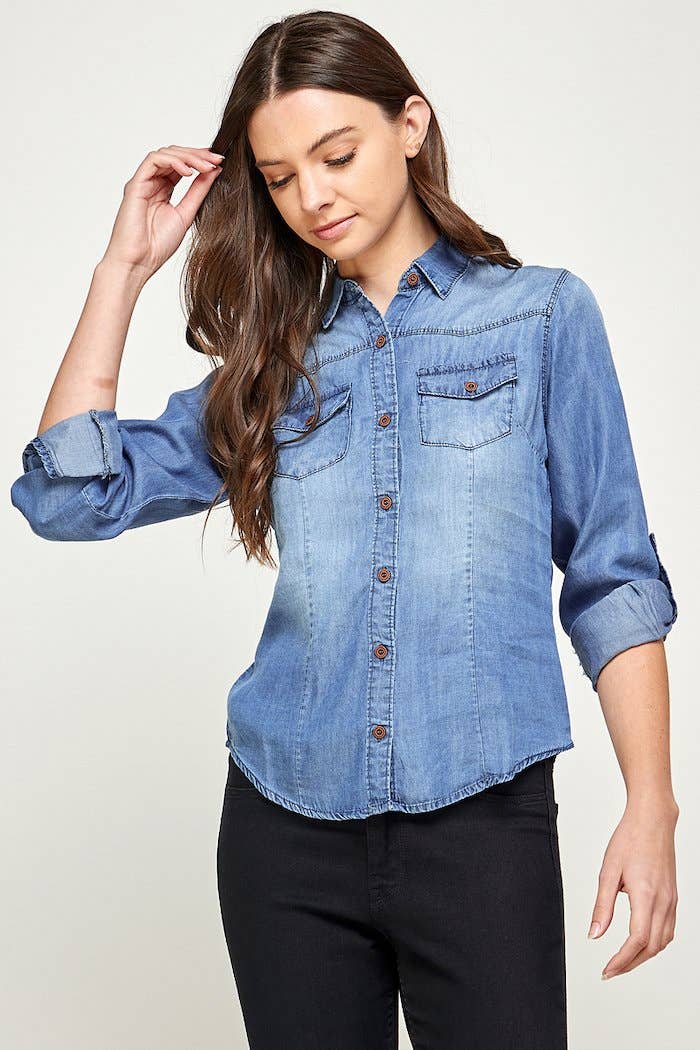 BLUE AGE - Wholesale Button Down Shirt - Women's - Chambray Denim Shirt with 2 Pockets9