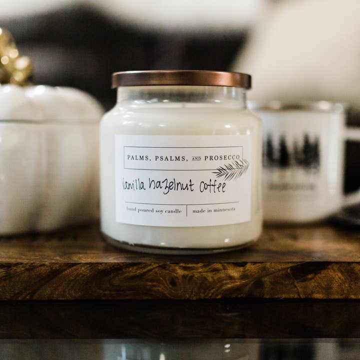 Hazelnut Vanilla Coffee Soy Candle for wholesale by Palms, Psalms, & Prosecco