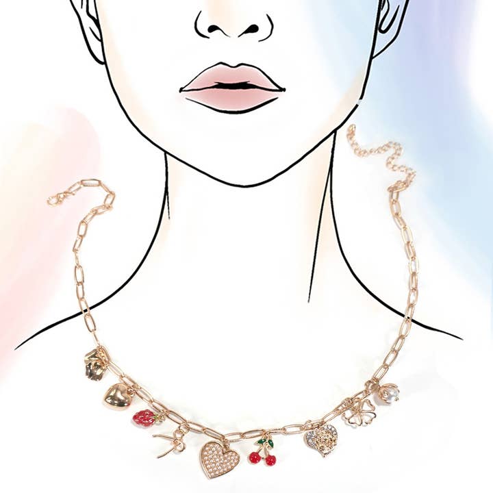 Gold MULTI CHARM BOW CHERRY HEART NECKLACE | 80N1190 for wholesale on Faire3