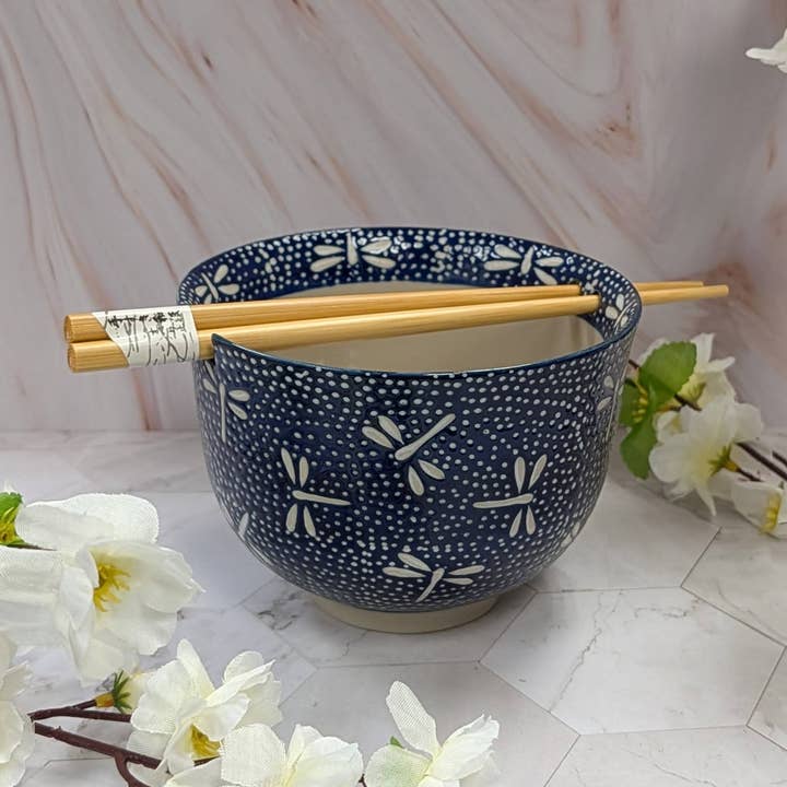 Fuji Merchandise Corporation - Wholesale Bowl - MIRA 5" BOWL WITH CHOPSTICKS – WHITE DRAGONFLIES3