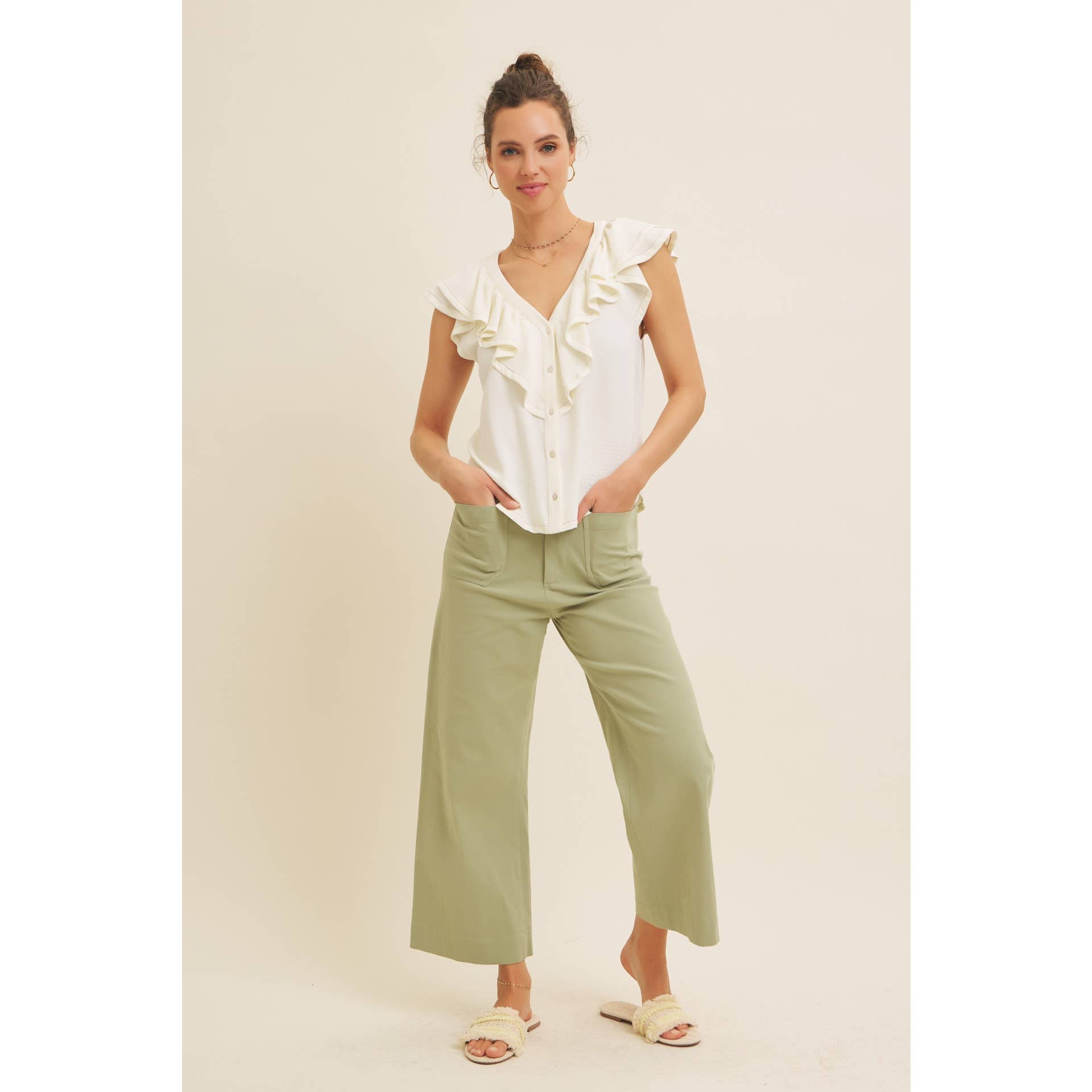 in february - Wholesale Blouse - Women's - RUFFLE BLOUSE TOP WITH BUTTON-DOWN FRONT AND CONTRAST STITCH16