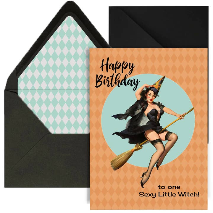 Mod Lounge Paper Company - Wholesale Birthday Card - Sexy Little Witch Vintage Pinup Halloween Birthday Card