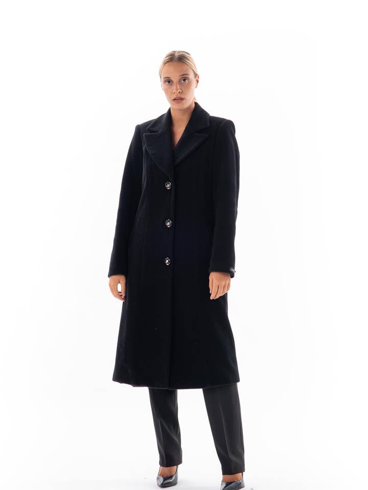 Manteau Long Noir Trois Boutons Col à Revers pour la vente par VIDAL MODES