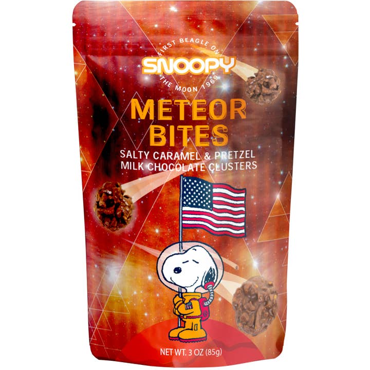 Astor Chocolate Corp. - Wholesale Chocolate Covered Sweets - Space Peanuts Meteor Bites Chocolate, Pretzel, Caramel bag