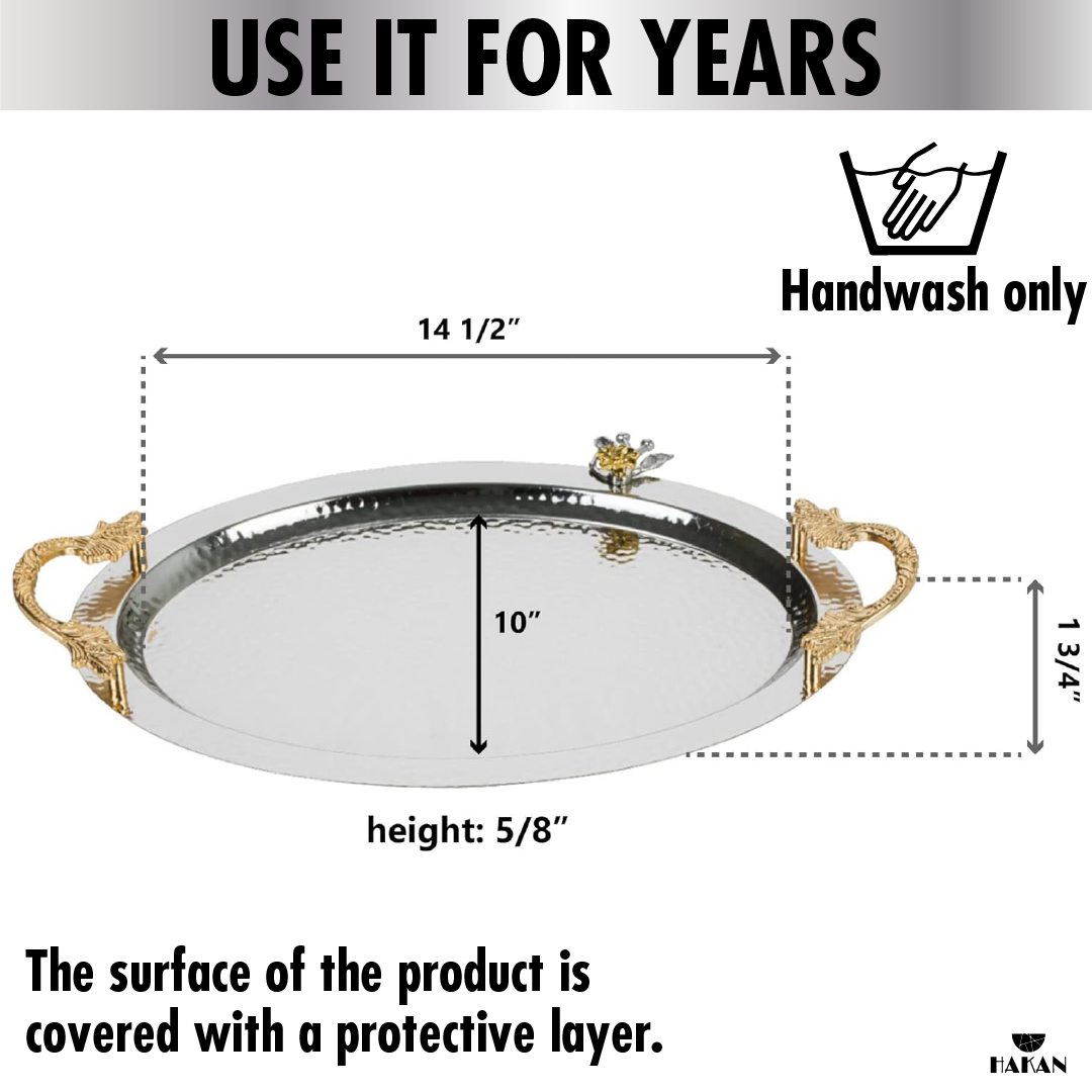 Hakan - Wholesale Serving Tray - Ornamental Anti Tarnish Big Oval Gold Serving Tray with Hand8