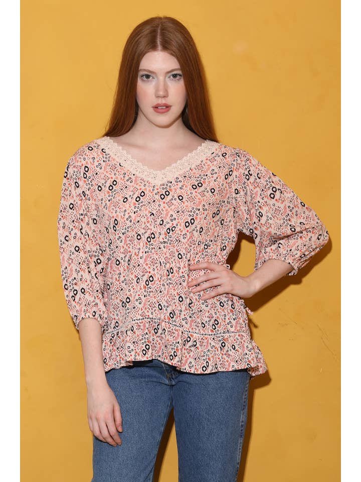 ANGIE - Wholesale Blouse - Women's - F2858-FQ61 V NECK PUFF SLEEVE BLOUSE WITH LACE TRIM AND DRAW5