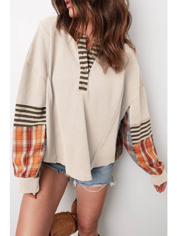 Little Daisy Closet - Wholesale Knit Top - Women's - LDC Waffle Stripe Plaid Patchwork Henley Knit Top4