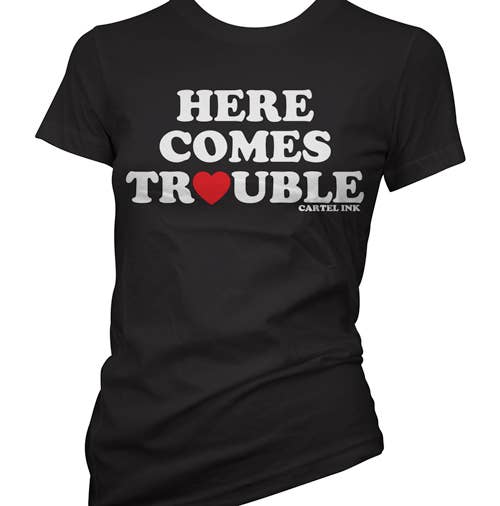 Black Here Comes Trouble Women's Graphic T-Shirt for wholesale on Faire