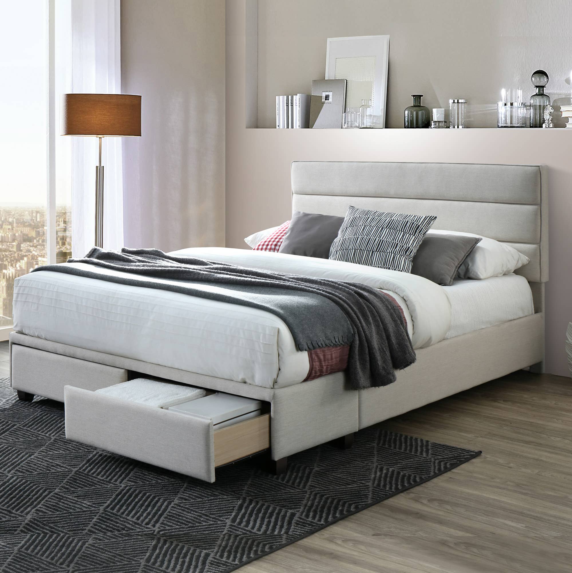 Glamour Home - Wholesale Bed - Arnia Beige Fabric Queen Captain's Bed with Storage Drawers2
