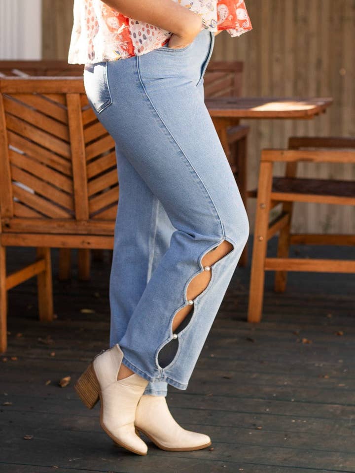 The Eli Light Wash Straight Leg Jean with Scalloped Cutouts for wholesale by GRACE+EMMA by Southern Grace