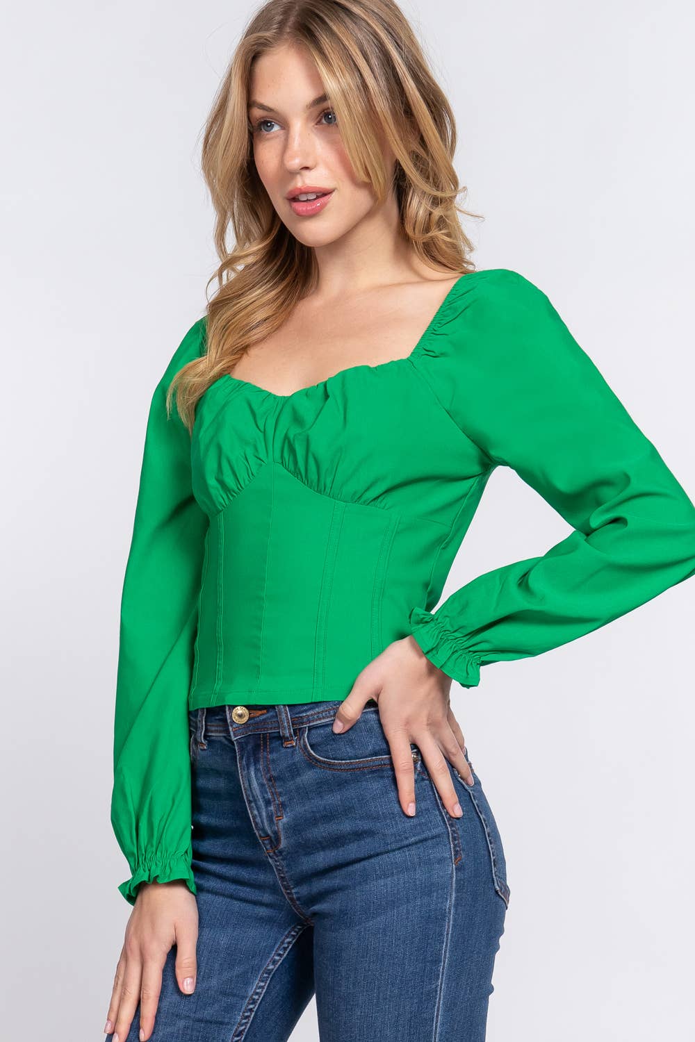 Active Basic | Active USA - Vendita all'ingrosso Camicetta - Donna - Top a bustino elasticizzato con scollo a cuore a maniche lunghe15