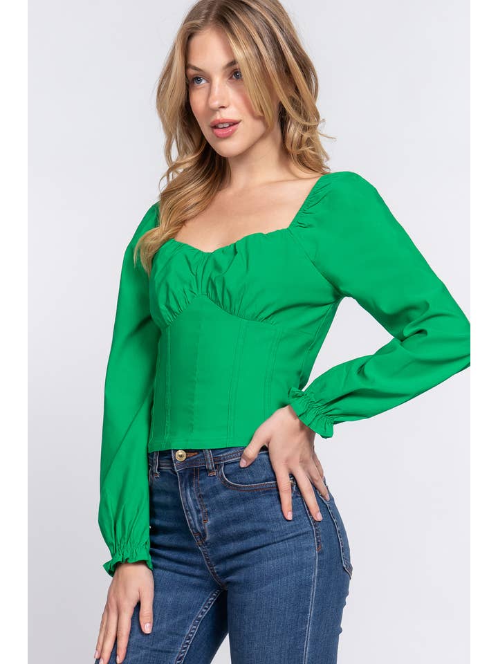 Active Basic | Active USA - Vendita all'ingrosso Camicetta - Donna - Top a bustino elasticizzato con scollo a cuore a maniche lunghe15